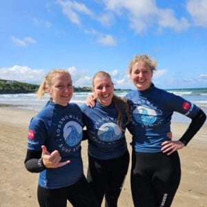 Group of girls enjoying a surf lesson on Rossnowlagh Beach.